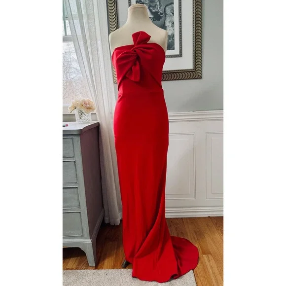 NWT AQUA Formal Strapless Bow Crepe Red Prom Glam Gown 0 - Picture 1 of 7